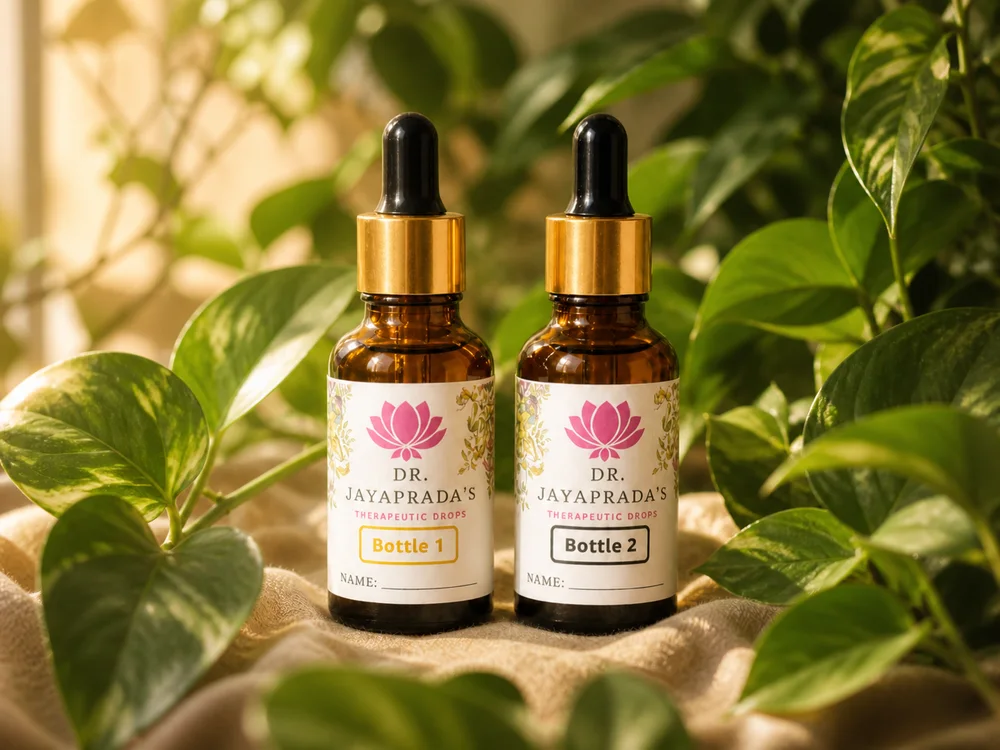 Two labelled Bach Flower Remedy dropper bottles among green leaves