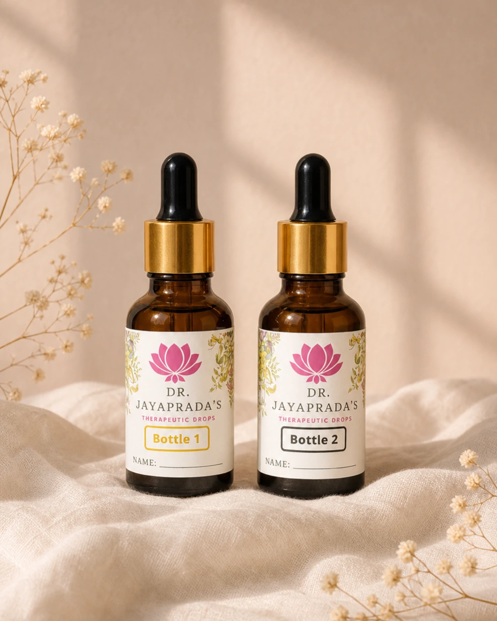 Two labelled Bach Flower Remedy dropper bottles in warm daylight